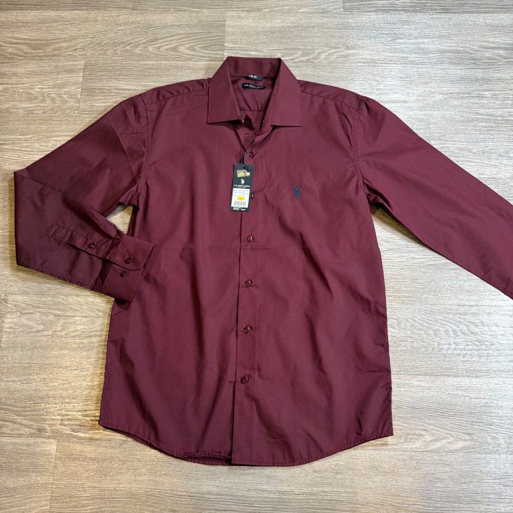US Polo Assn Mens Slim Fit Dress Shirt Wine Red Blue Horse BUUSPC206SLS Size M